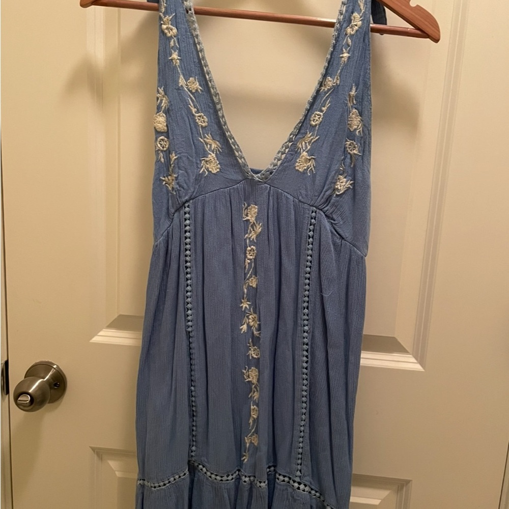 Blue Embroidered Sleeveless Dress Coverup